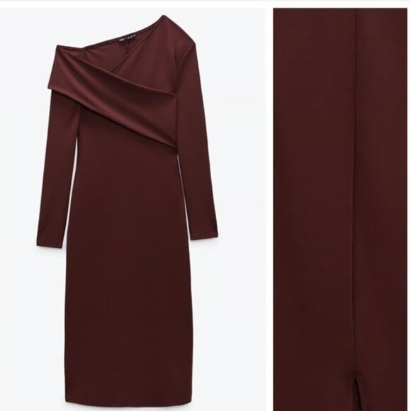 Zara Burgundy Asymmetrical Long Sleeve Bodycon Stretch Midi Dress, NWT, S - Picture 15 of 15